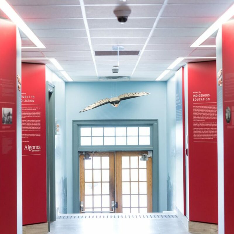 View of Reclaiming Shingwauk Hall – 
Graphic design by 
Trina Cooper-Bolam for the Children of Shingwauk Alumni Association and Algoma University